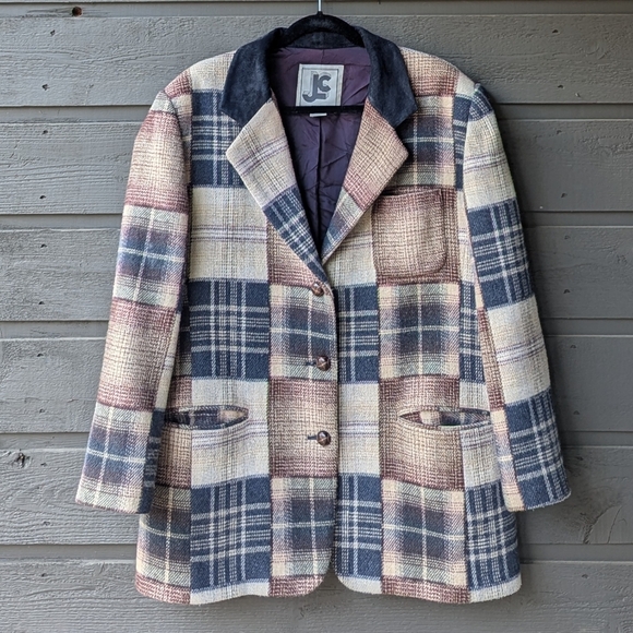 VTG 80s JLC Patchwork Wool Plaid Blazer Lined Chore Coat Size XL - Picture 11 of 11